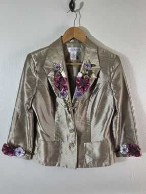 Jackie Jon New York Womens 6 Champagne Evening Jacket Floral Applique Shimmer